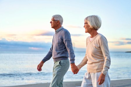 Elderly intelligent couple in love spending time romantically on the beach near the sea, walking holding hands and gently hugging.