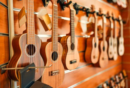Foto de Buying a guitar from a musical instrument store. Assortment of guitars displayed on store shelves. Hobbies and recreation. - Imagen libre de derechos
