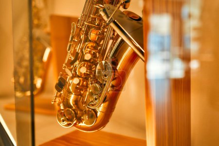 Foto de Comprar un saxofón en una tienda de instrumentos musicales. Un saxofón dorado brillante en un estante de exhibición. Aficiones y recreación. - Imagen libre de derechos