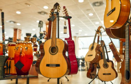 Foto de Comprar una guitarra en una tienda de instrumentos musicales. Surtido de guitarras exhibidas en los estantes de la tienda. Aficiones y recreación. - Imagen libre de derechos