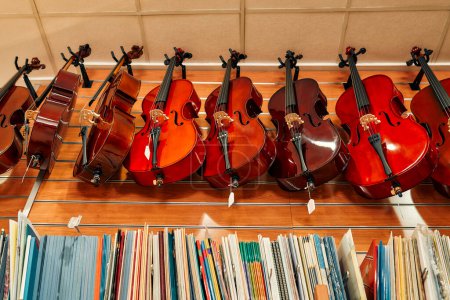 Foto de Buying a violin in a musical instrument store. Lots of different violins hanging on the shop wall for sale. Hobbies and recreation. - Imagen libre de derechos