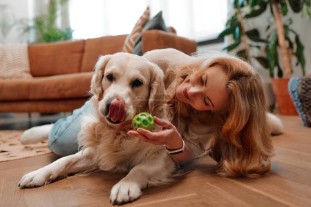 Photo for Beautiful blonde woman sitting on the floor playing with a labrador dog with a ball in the living room at home, having fun together. - Royalty Free Image