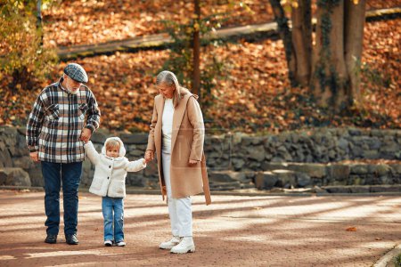 Téléchargez les photos : Couple d'âge mûr marchant avec un enfant dans le parc. Grands-parents marchant avec leur petite-fille dans le parc en automne. - en image libre de droit