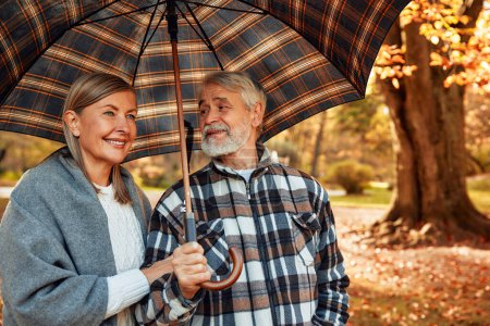 Foto de Senior hermosa pareja de pelo gris bajo un paraguas caminando en un parque en otoño dorado. - Imagen libre de derechos