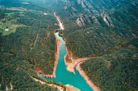 Téléchargez les photos : Vue panoramique d'une rivière sinueuse serpentant à travers des forêts luxuriantes et des montagnes imposantes, mettant en valeur la beauté des paysages naturels et des formes fluviales du relief - en image libre de droit