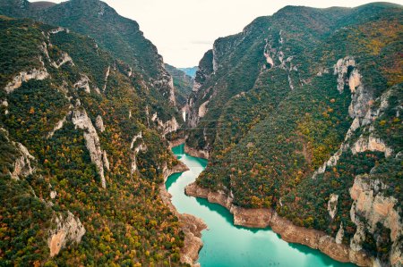 Photo for A stunning aerial view of a river meandering through mountains and lush vegetation, showcasing the natural beauty of this watercourse in a mountainous biome - Royalty Free Image