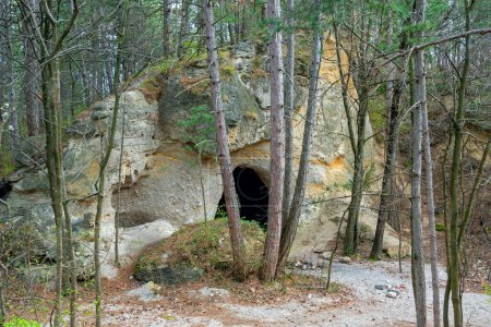 Téléchargez les photos : Grottes artificielles dans la roche dolomitique à la montagne Harzberg au-dessus de Bath Voeslau, résultant de l'ancienne extraction de sable de broyage, Autriche - en image libre de droit