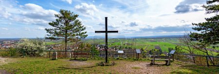 panoramic view with cross from the Helenenhoehe (Helen height) in Bath Voeslau towards south, Austria