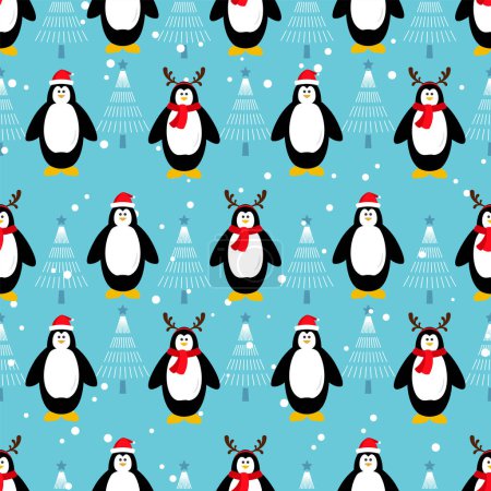 Illustration for Christmas seamless pattern with penguin on falling snow background. Cute cartoon seasonal surface. Animal character vector illustration. - Royalty Free Image