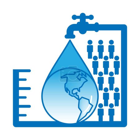 Illustration for World icon in water drop shape falling from tap, surounded with population growth symbol and measuring scale. World freshwater distribution concept. Vector illustration. - Royalty Free Image