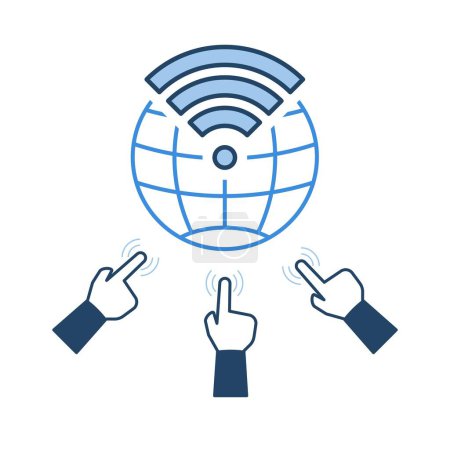 Illustration for Wireless signal on globe icon with hands touching screen surround. Equal internet access as a human right concept. Vector illustration outline flat design style. - Royalty Free Image