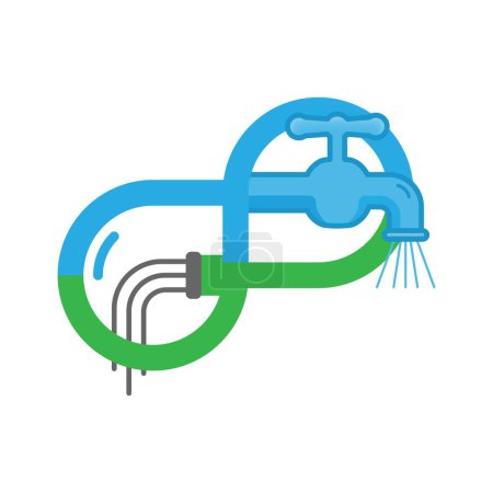 Ilustración de El agua corriente del grifo y la tubería de aguas residuales se unen en forma de símbolo infinito como un truco de reposición de agua. Esquema de ilustración vectorial estilo de diseño plano. - Imagen libre de derechos