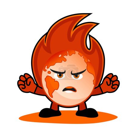 Cartoon image of an angry earth planet with flames experiencing global warming environmental disaster. Vector illustration.