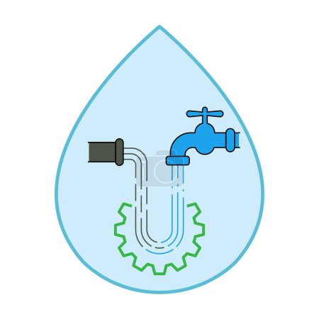 Leitungswasser und Abwasser fließen kontinuierlich in einen Strom mit Zahnrad-Symbol im Wasserfallrahmen. Abwasser-Wiederverwendungskonzept Vektor Illustration.