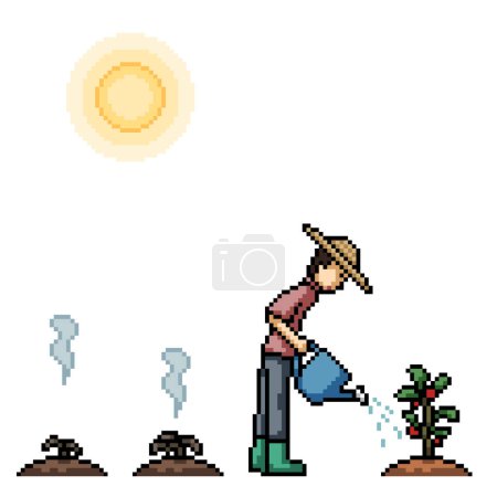 pixel art of farmer plant watering isolated background