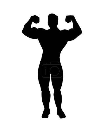 Illustration for Vector simple silhouette shadow shape, flat black icon isolated on white backround. Logo design element. Sportive athletic man with big muscles. - Royalty Free Image