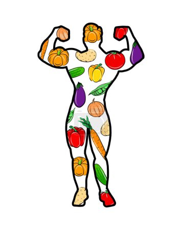 Ilustración de Fresh healthy food, vegan diet. Sportive athletic man shape with big muscles. - Imagen libre de derechos