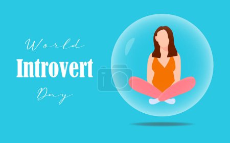 Illustration for World introvert day holiday celebration web banner. Vector concept illustration. Young woman in soap bubble. - Royalty Free Image