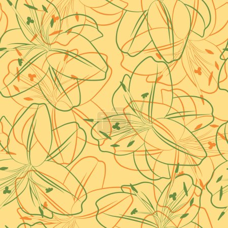 Floral seamless pattern with lilly. Botanical brown fabric print template. Vector illustration with lily flowers outline linear sketch.