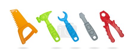 Téléchargez les photos : Toy repair tools isolated on white background. handsaw, hammer, wrench, screwdriver, hand pliers. - en image libre de droit