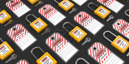 Photo for Lock out, tag out with a danger tag 3d render illustration.Danger tags, locks and keys sorted on black background.Danger and do not operate warning. Machine and electrical system and safety equipment. - Royalty Free Image