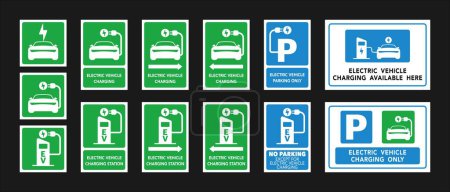 Téléchargez les illustrations : Electric vehicle charging point signs vector set. - en licence libre de droit