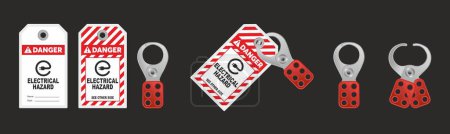 Illustration for Lock out, tag out with a electrical hazard danger tag vector illustration. Danger and electrical hazard warning. Machine and electrical system and safety equipment. Isolated on black background. - Royalty Free Image