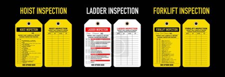 Equipment inspection tag vector illustrations. Hoist,  ladder and forklift inspection of front and back design templates. Isolated on black background.