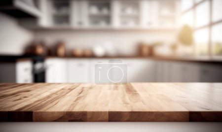 Vacío de mesa de madera en desenfoque de fondo interior blanco limpio abstracto y borroso con bokeh.used para mostrar o montar sus productos. banner