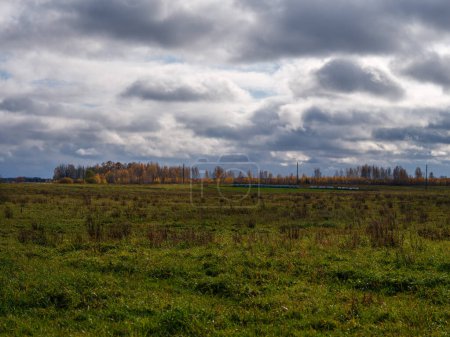 Téléchargez les photos : Champs d'automne nue maussade à la campagne avec des couleurs sombres et le brouillard - en image libre de droit