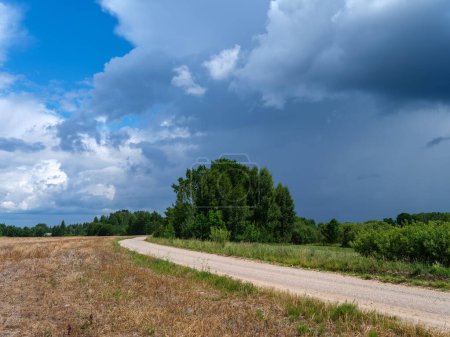 Téléchargez les photos : Nuages de pluie blanche sur la campagne en été avec ciel bleu et contraste élevé - en image libre de droit