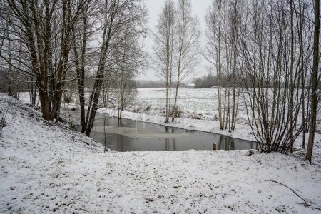 Téléchargez les photos : Près de la rivière gelée à la fin de l'automne avec des arbres nus et un peu de neige - en image libre de droit