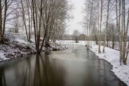 Photo for Near frozen river in late autumn with naked trees and some snow - Royalty Free Image