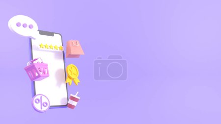 Online shopping concept on social media app. 3d smartphone with shopping bags, chat messages, credit cards and love notifications. suitable for digital store promotion, web and advertising. 3d rendering