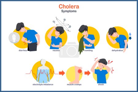 Medical vector illustration in flat style of cholera. Symptoms of cholera,diarrhea,nausea,vomiting, dehydration.electrolytes imbalance.