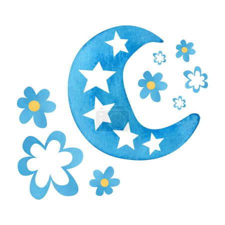 Téléchargez les photos : Aquarelle lune bleue mignonne conception illustration pépinière - en image libre de droit
