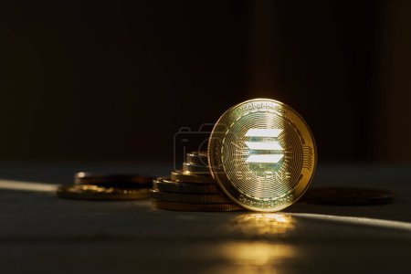 Closeup of spot lit solana cryptocurrency and copy space