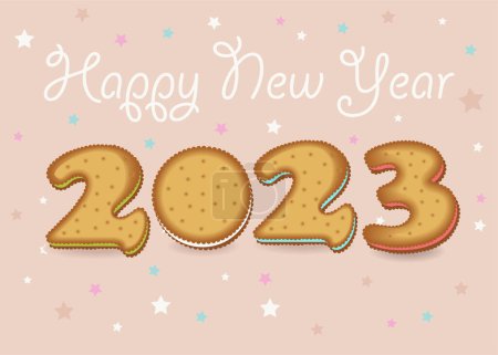 Photo for Cookies Happy New Year 2023. Pink Background with Stars. White Cream Inscription - Royalty Free Image