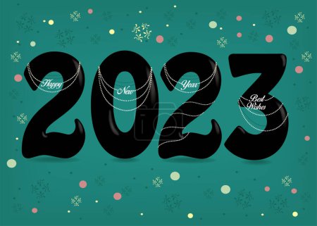 Téléchargez les photos : Numéro noir 2023 avec des colliers de perles blanches et des textes comme pendentifs Bonne année Meilleurs voeux. Fond vert avec des confettis colorés. - en image libre de droit