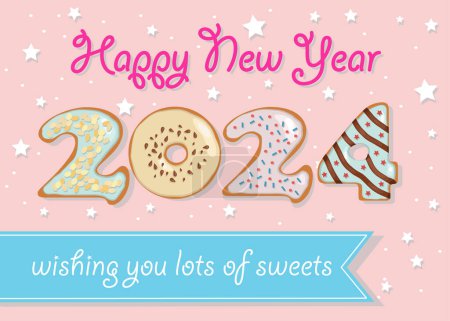 Ilustración de Encantador saludo de año nuevo con tema de donut. Los números se transforman en rosquillas dulces adornadas con remolinos cremosos y decoraciones de nueces. Fondo con confeti. Un banner permite texto personalizado mientras que una crema roja 'Feliz Año Nuevo' - Imagen libre de derechos