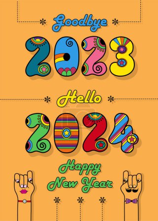 Illustration for Disco New Year 2024 Greeting Card. Goodbye 2023, hello 2024. Letters are in vibrant disco style, featuring colorful numbers adorned with bright decor. Cartoon hands, one male and one female, share a playful glance. - Royalty Free Image