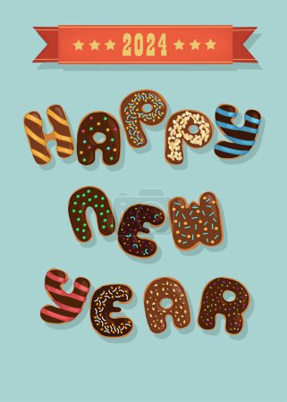 Ilustración de Delicioso Año Nuevo Chocolicioso. La frase 'Feliz Año Nuevo' está deletreada por deliciosas rosquillas de chocolate adornadas con cremosos remolinos y decoraciones de nueces. Fondo azul vibrante, una pancarta roja con 2024 - Imagen libre de derechos