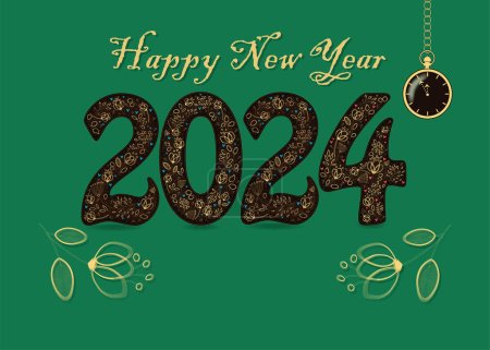 Photo for Happy New Year 2024 with golden floral decor. Graceful flowers and hearts, yellow text. Two big flowers frame the number, and there is a place for custom text. A pocket golden watch shows five to twelve o'clock. The background is green. - Royalty Free Image
