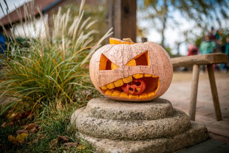 Photo for Jack O Lantern carved pumpin in autumn, kids decoration - Royalty Free Image