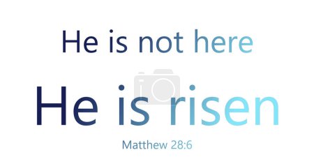 Texte de la Bible : Il n'est pas ici, Il est ressuscité. Matthieu 28 : 6, avec dégradé de couleur bleu foncé à bleu clair, avec mosaïque, isolé sur un fond blanc