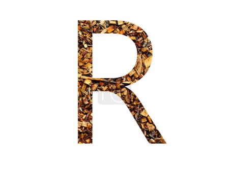 Téléchargez les photos : Lettre R de l'alphabet faite avec déchiqueteuse en bois brun, isolée sur fond blanc - en image libre de droit