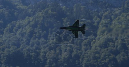 Photo for Mollis Switzerland August 19 2023: Combat Aircraft Soaring at High-Speed Low Altitude Over Green Forest. Copy Space. General Dynamics F-16 Fighting Falcon of Belgian Air Force Viper Demo - Royalty Free Image