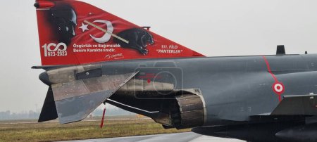 Photo for Turkish combat aircraft tail commemorating the 100th anniversary of Ataturk death, showcasing a blend of military honor and historical reverence. McDonnell Douglas F-4 Phantom II of Turkish Air Force - Royalty Free Image
