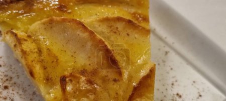 Detailed image capturing the texture and glaze of a freshly baked apple tart piece sprinkled with cinnamon
