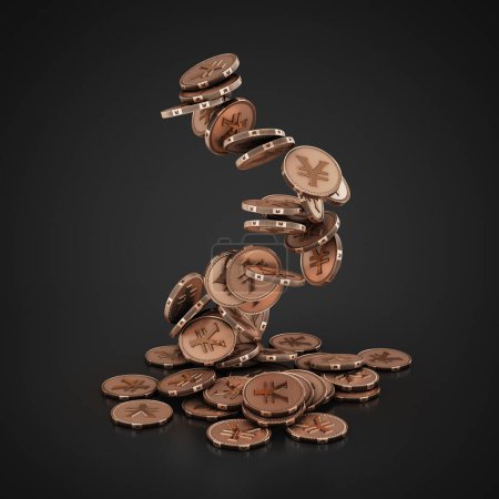Photo for Bunch of copper coins for the Japanese yen symbol fall down on a dark background - Royalty Free Image